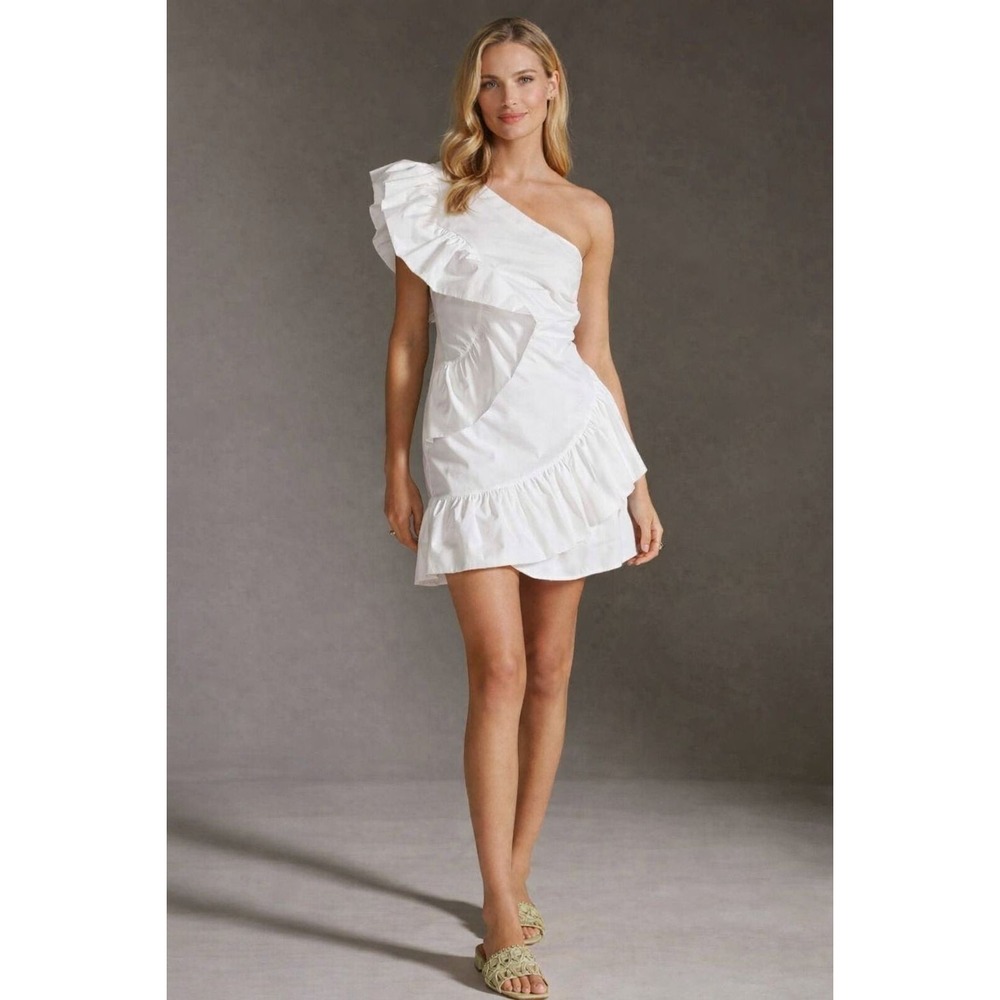 ANTHROPOLOGIE MAEVE New One Shoulder 2 White Ruffle Dress Mini Cotton Women